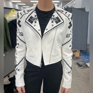 BCBGMaxAzria White and Black Embroidered Blazer